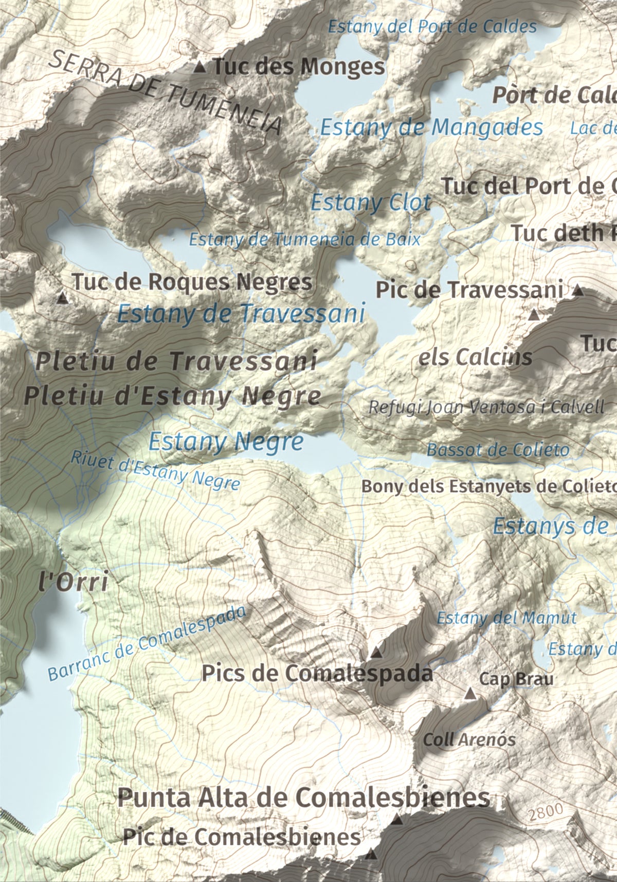 Mapa de relieve de Tuc de Ribereta, 2676 m, Alta Ribagorça · Val d'Aran, lámina 100 Cims de Trobart. Detalle de la zona inferior izquierda. 21 × 30 cm.