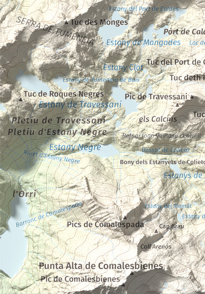 Mapa de relieve de Tuc de Ribereta, 2676 m, Alta Ribagorça · Val d'Aran, lámina 100 Cims de Trobart. Detalle de la zona inferior izquierda. 21 × 30 cm.
