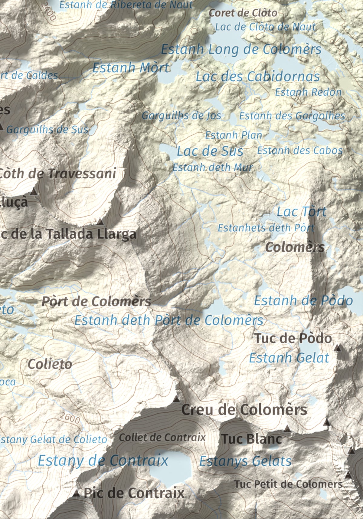 Mapa de relieve de Tuc de Ribereta, 2676 m, Alta Ribagorça · Val d'Aran, lámina 100 Cims de Trobart. Detalle de la zona inferior derecha. 21 × 30 cm.