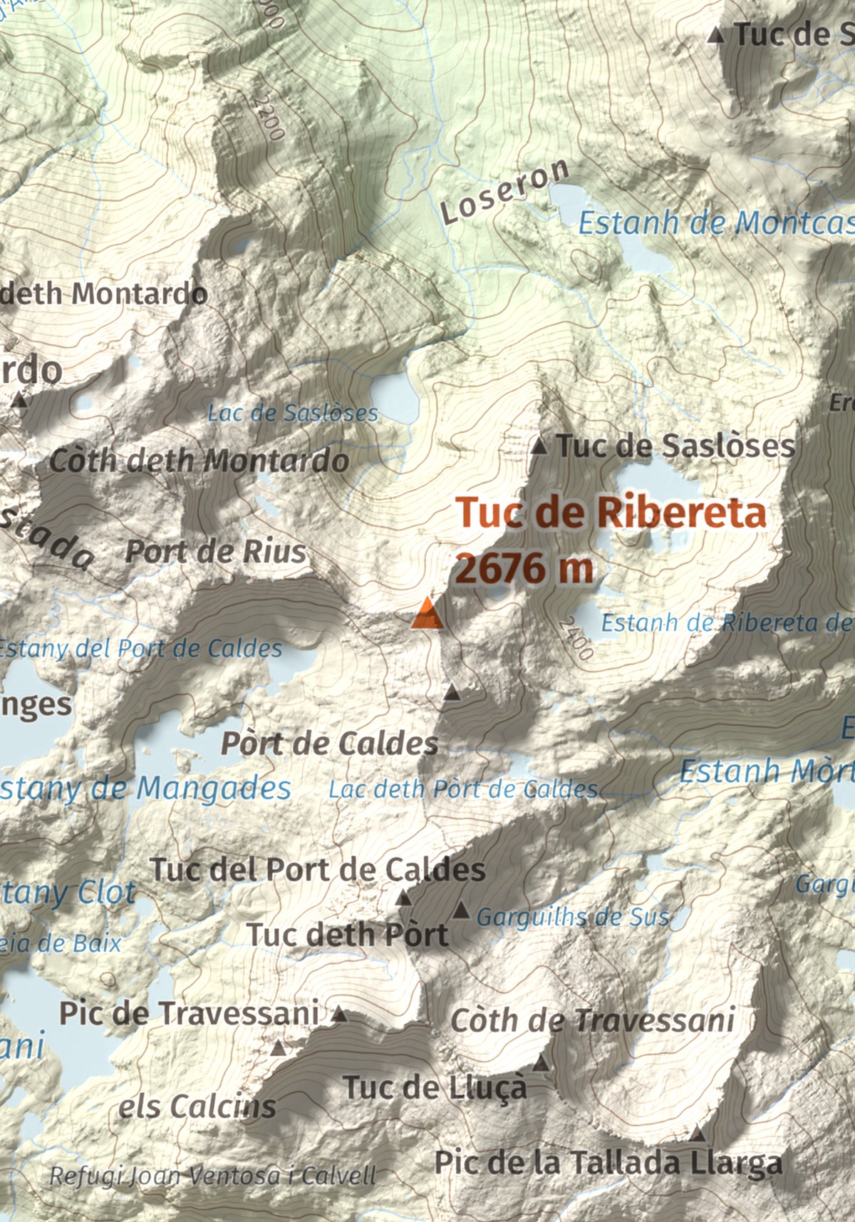 Mapa de relieve de Tuc de Ribereta, 2676 m, Alta Ribagorça · Val d'Aran, lámina 100 Cims de Trobart. Detalle de la zona central. 21 × 30 cm.