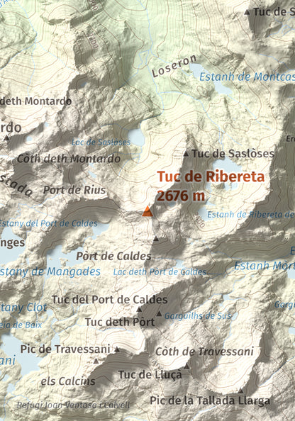 Mapa de relieve de Tuc de Ribereta, 2676 m, Alta Ribagorça · Val d'Aran, lámina 100 Cims de Trobart. Detalle de la zona central. 21 × 30 cm.