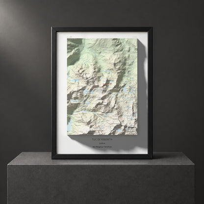 Mapa de relieve de Tuc de Ribereta, 2676 m, Alta Ribagorça · Val d'Aran, lámina 100 Cims de Trobart. Presentación enmarcada. 30 × 40 cm.
