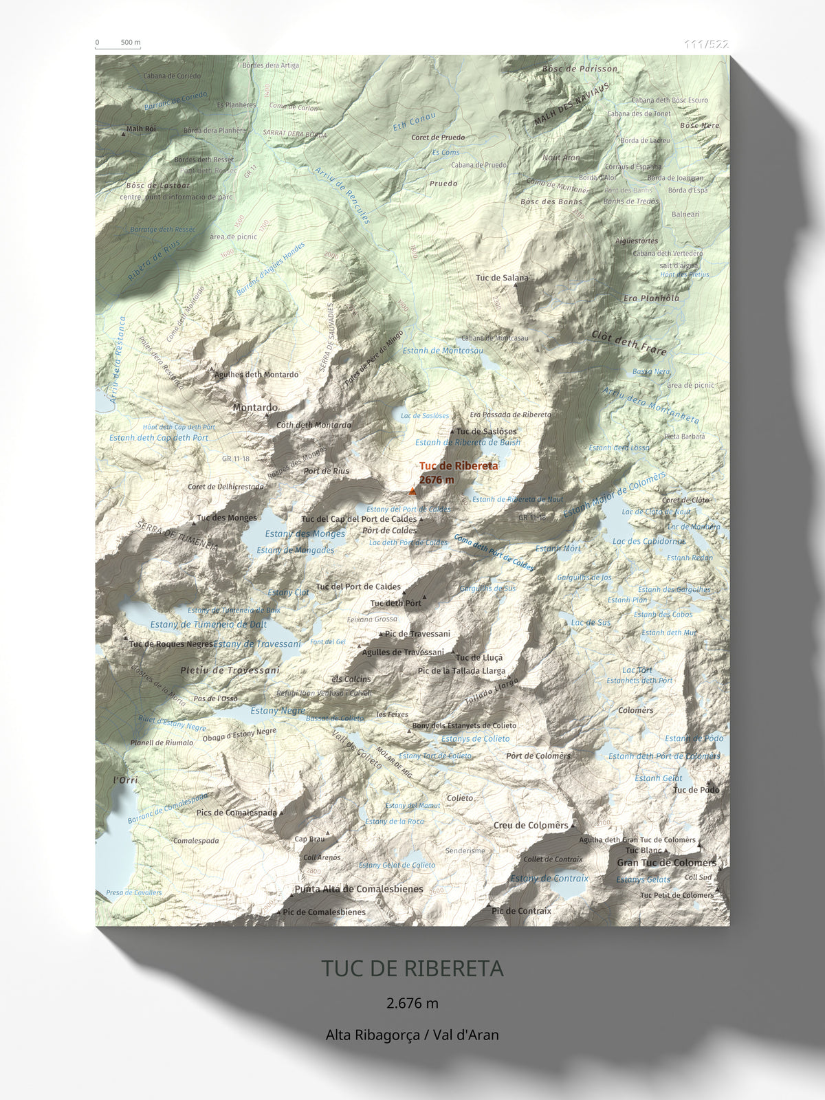 Mapa de relieve de Tuc de Ribereta, 2676 m, Alta Ribagorça · Val d'Aran, lámina 100 Cims de Trobart 30 × 40 cm.
