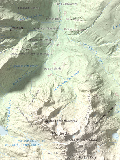 Mapa de relieve de Tuc de Ribereta, 2676 m, Alta Ribagorça · Val d'Aran, lámina 100 Cims de Trobart. Detalle de la zona superior izquierda. 30 × 40 cm.