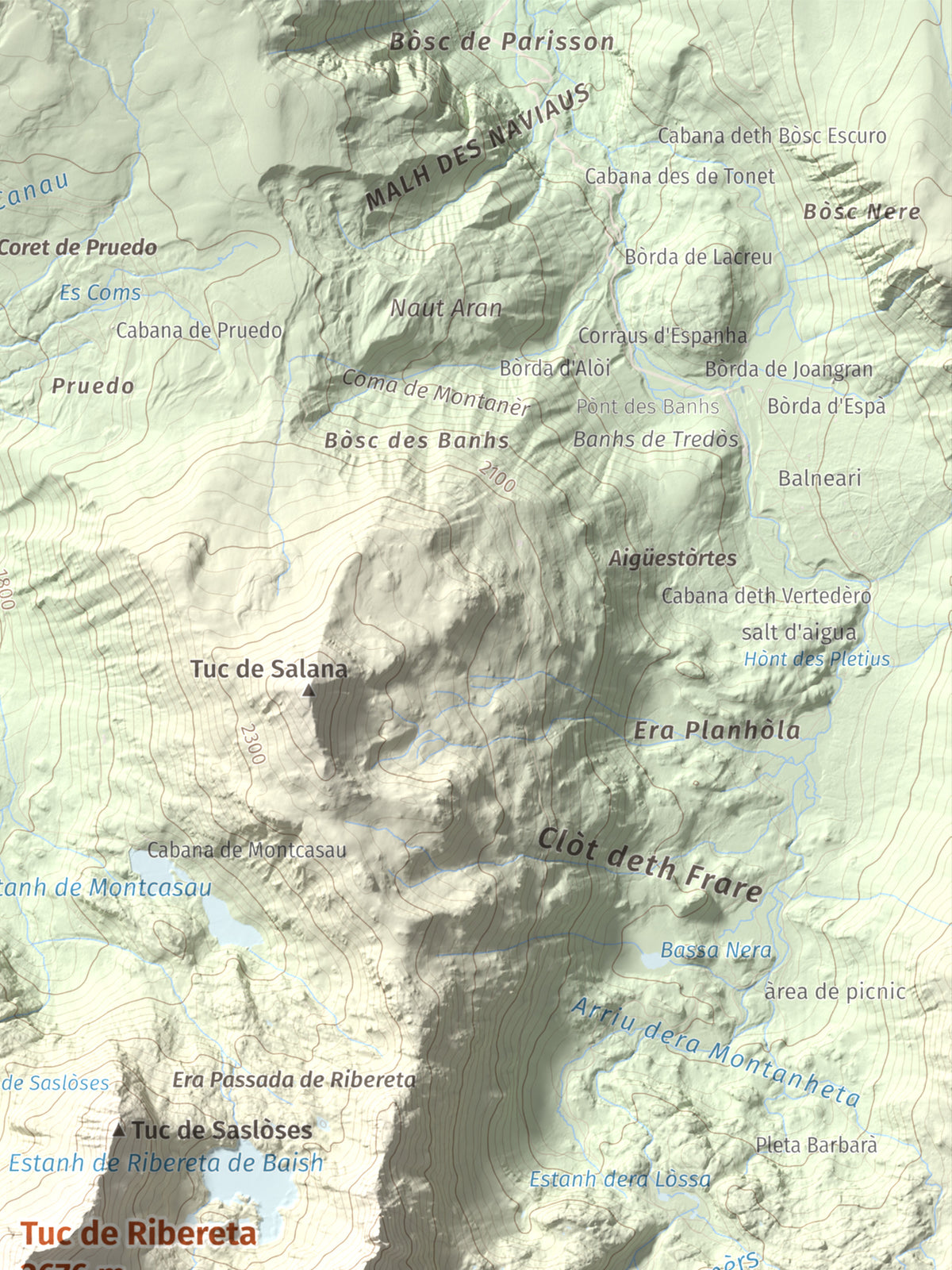 Mapa de relieve de Tuc de Ribereta, 2676 m, Alta Ribagorça · Val d'Aran, lámina 100 Cims de Trobart. Detalle de la zona superior derecha. 30 × 40 cm.