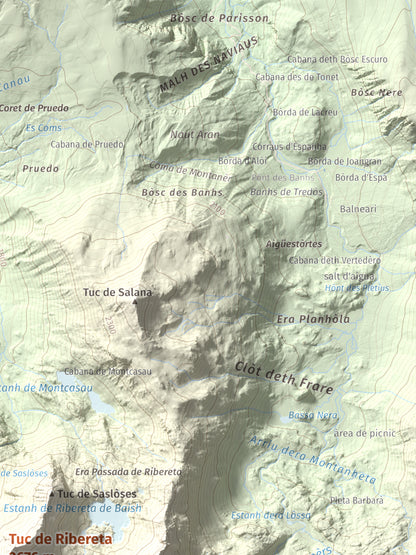 Mapa de relieve de Tuc de Ribereta, 2676 m, Alta Ribagorça · Val d'Aran, lámina 100 Cims de Trobart. Detalle de la zona superior derecha. 30 × 40 cm.