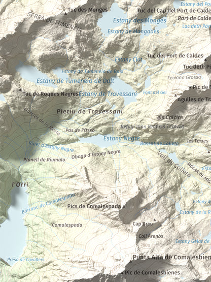 Mapa de relieve de Tuc de Ribereta, 2676 m, Alta Ribagorça · Val d'Aran, lámina 100 Cims de Trobart. Detalle de la zona inferior izquierda. 30 × 40 cm.