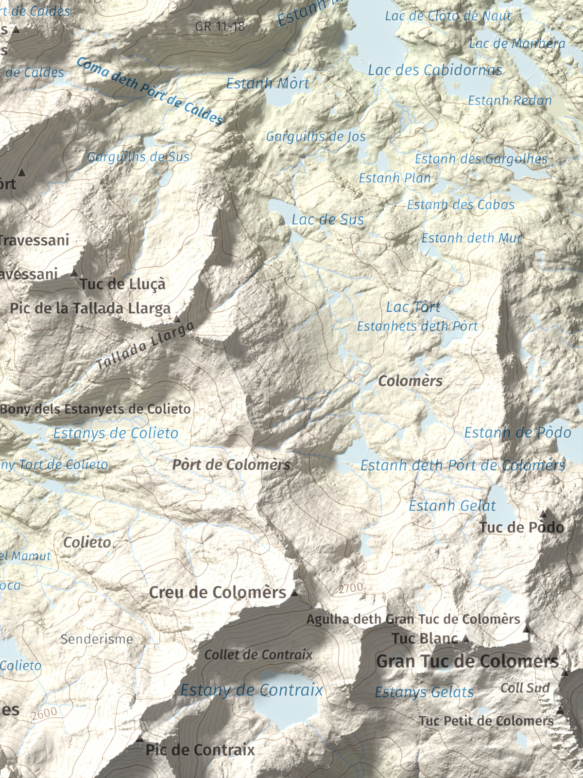 Mapa de relieve de Tuc de Ribereta, 2676 m, Alta Ribagorça · Val d'Aran, lámina 100 Cims de Trobart. Detalle de la zona inferior derecha. 30 × 40 cm.