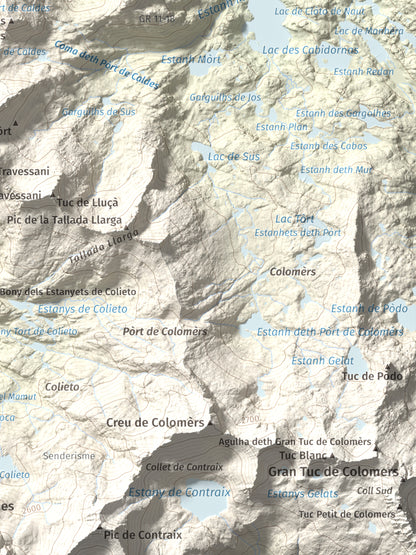 Mapa de relieve de Tuc de Ribereta, 2676 m, Alta Ribagorça · Val d'Aran, lámina 100 Cims de Trobart. Detalle de la zona inferior derecha. 30 × 40 cm.