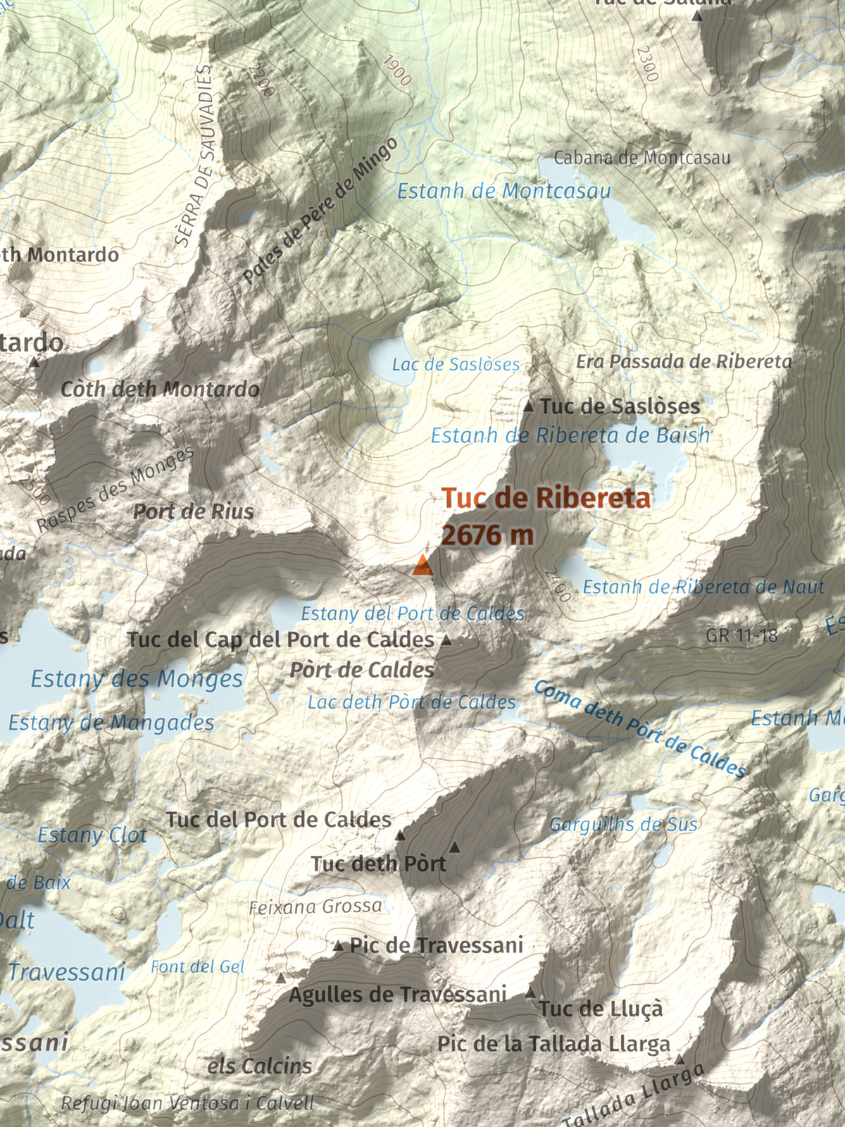 Mapa de relieve de Tuc de Ribereta, 2676 m, Alta Ribagorça · Val d'Aran, lámina 100 Cims de Trobart. Detalle de la zona central. 30 × 40 cm.