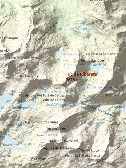 Mapa de relieve de Tuc de Ribereta, 2676 m, Alta Ribagorça · Val d'Aran, lámina 100 Cims de Trobart. Detalle de la zona central. 30 × 40 cm.
