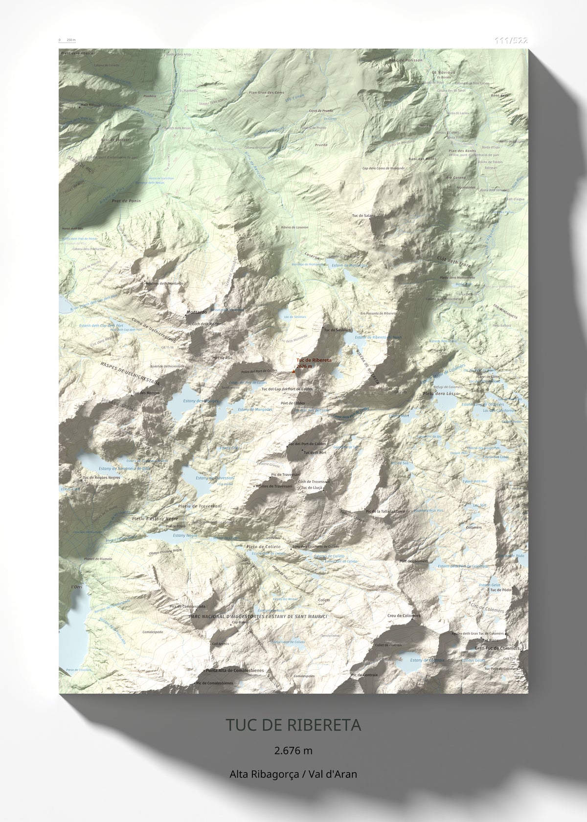 Mapa de relieve de Tuc de Ribereta, 2676 m, Alta Ribagorça · Val d'Aran, lámina 100 Cims de Trobart 50 × 70 cm.