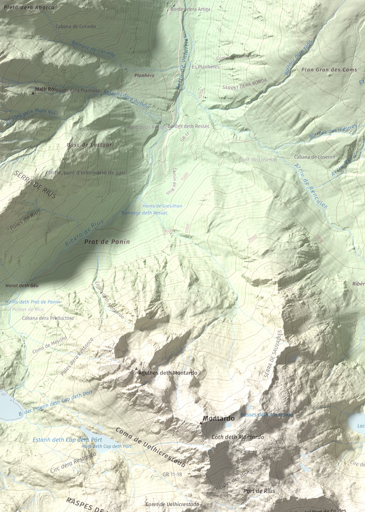 Mapa de relieve de Tuc de Ribereta, 2676 m, Alta Ribagorça · Val d'Aran, lámina 100 Cims de Trobart. Detalle de la zona superior izquierda. 50 × 70 cm.