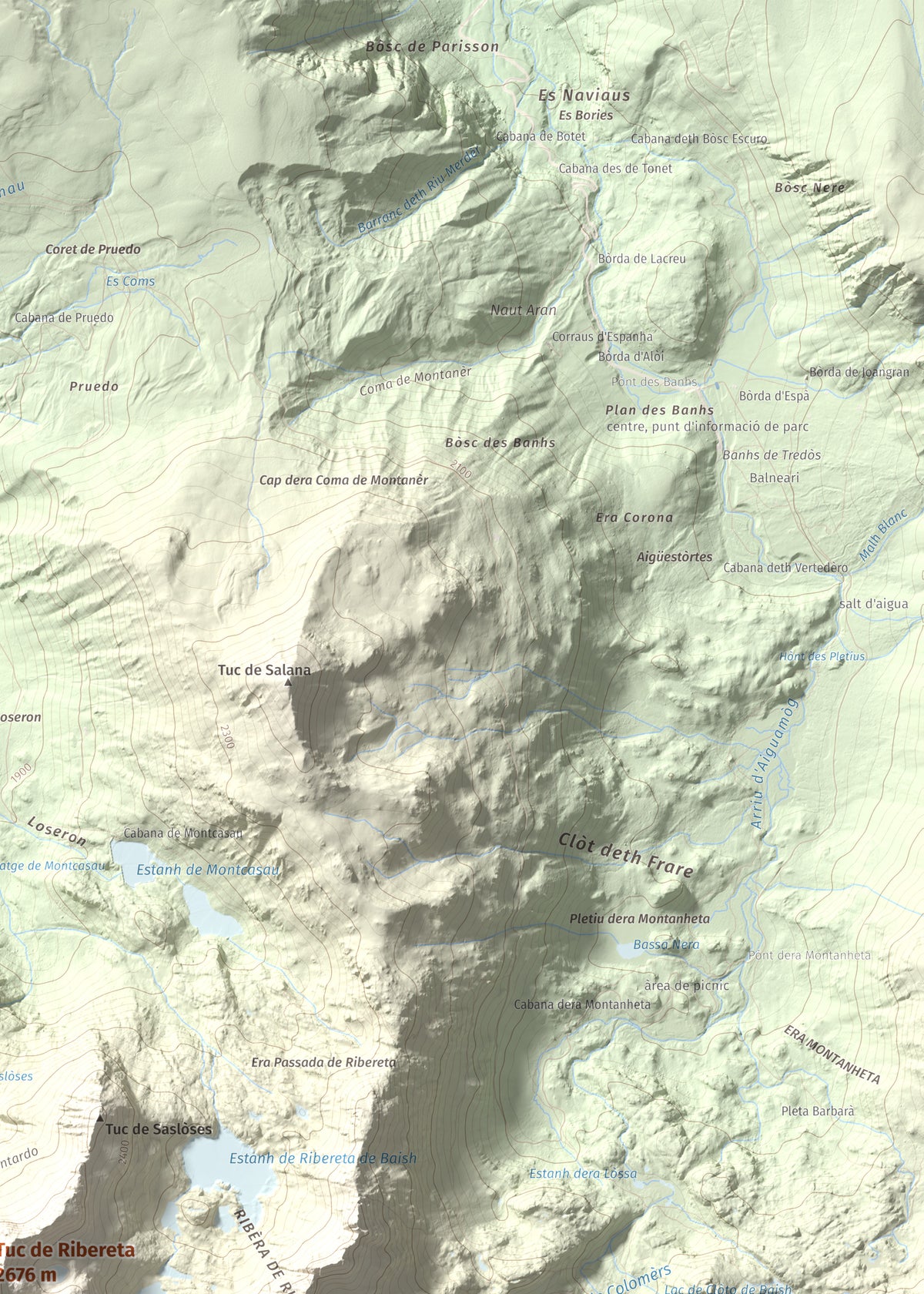 Mapa de relieve de Tuc de Ribereta, 2676 m, Alta Ribagorça · Val d'Aran, lámina 100 Cims de Trobart. Detalle de la zona superior derecha. 50 × 70 cm.
