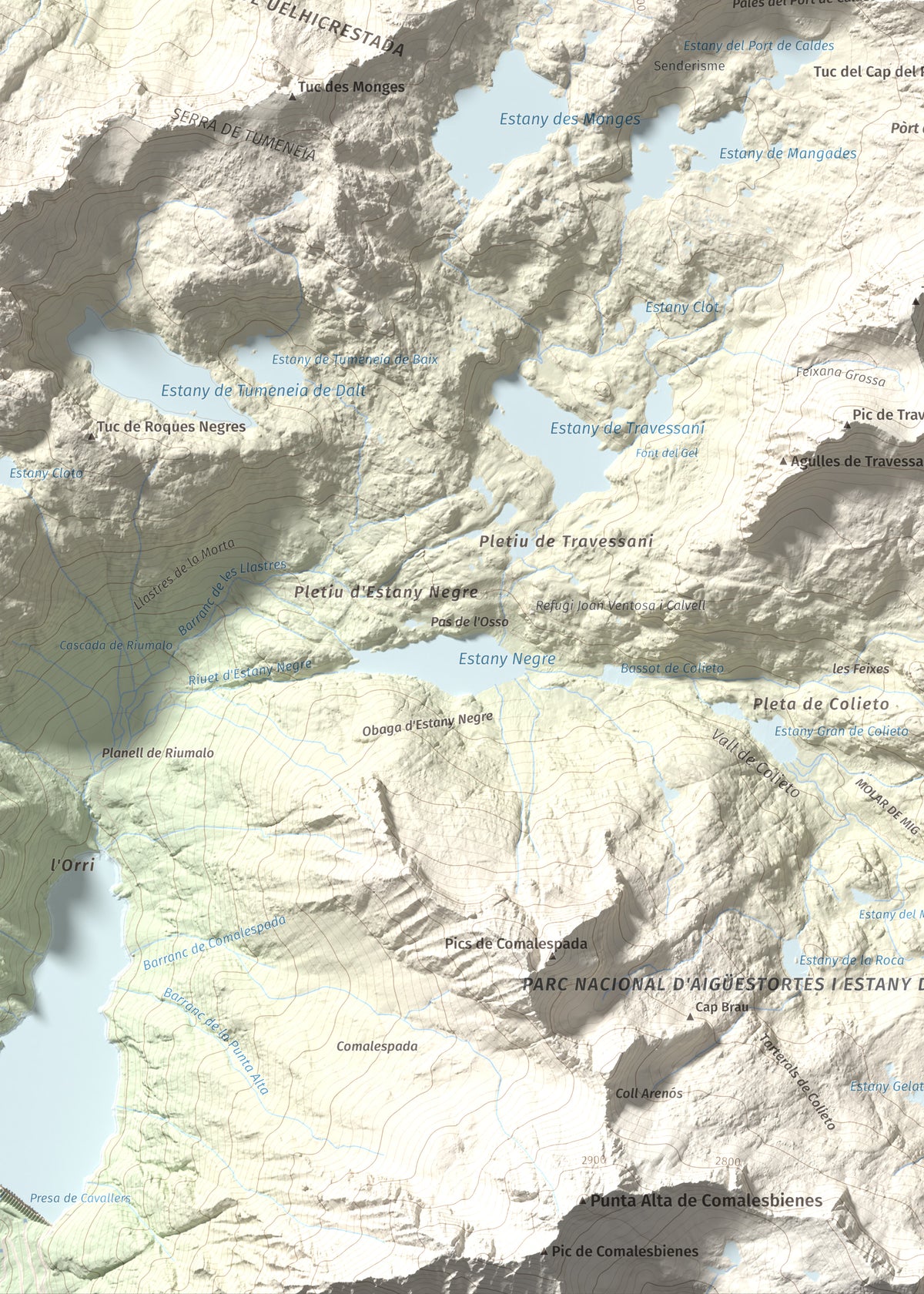 Mapa de relieve de Tuc de Ribereta, 2676 m, Alta Ribagorça · Val d'Aran, lámina 100 Cims de Trobart. Detalle de la zona inferior izquierda. 50 × 70 cm.