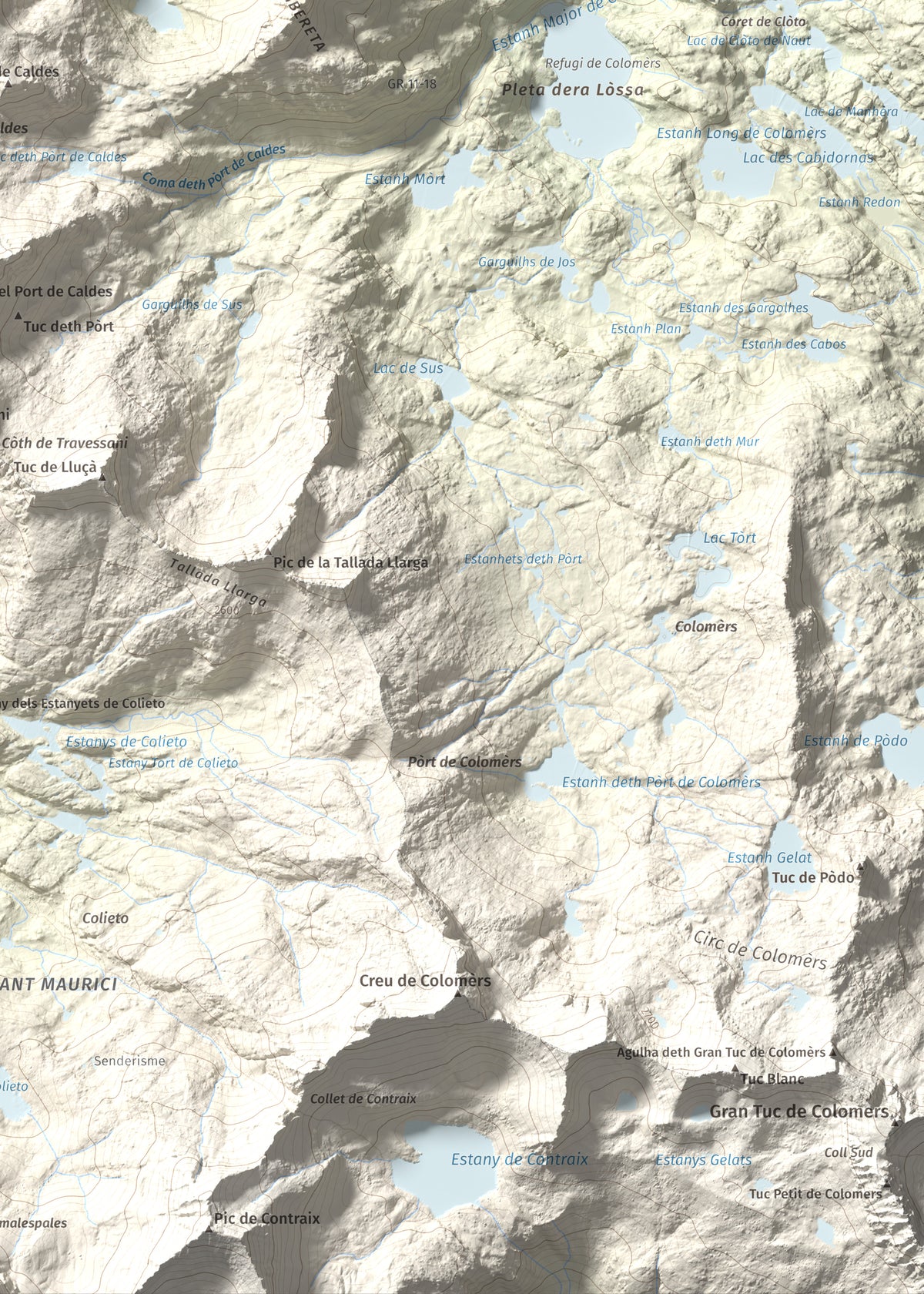 Mapa de relieve de Tuc de Ribereta, 2676 m, Alta Ribagorça · Val d'Aran, lámina 100 Cims de Trobart. Detalle de la zona inferior derecha. 50 × 70 cm.