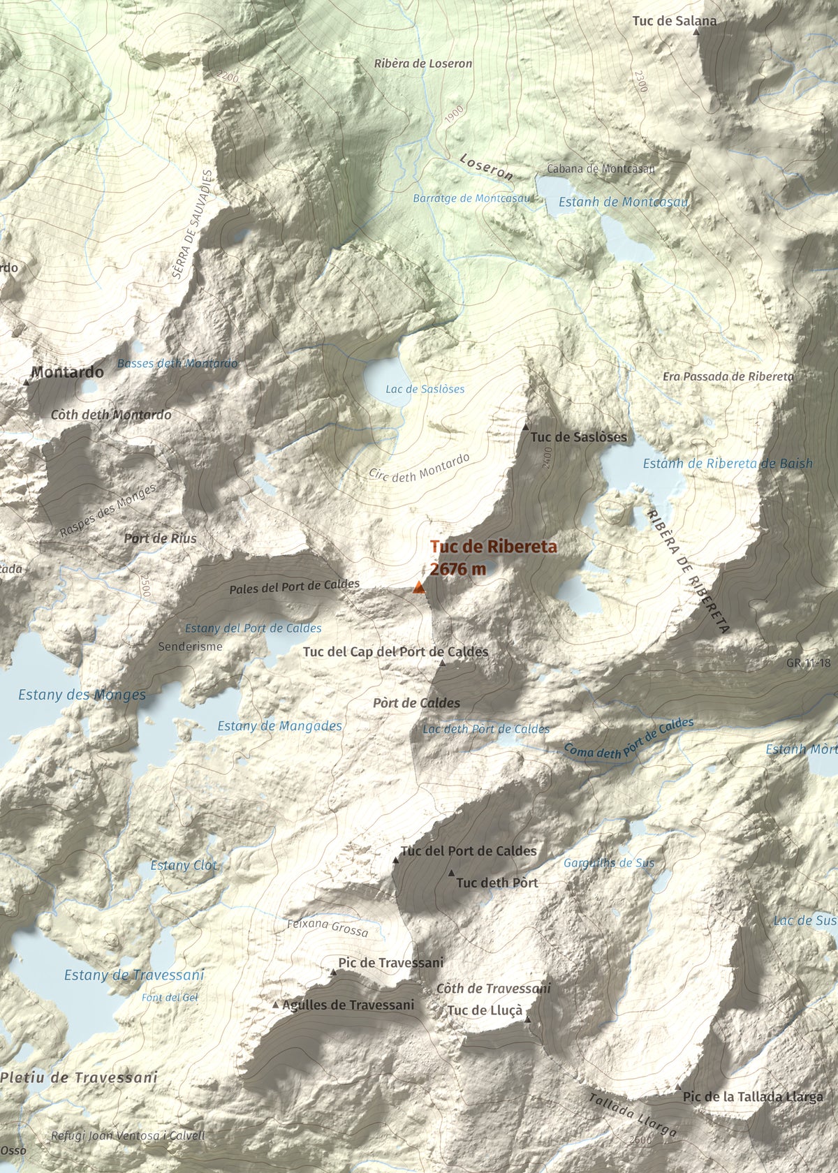 Mapa de relieve de Tuc de Ribereta, 2676 m, Alta Ribagorça · Val d'Aran, lámina 100 Cims de Trobart. Detalle de la zona central. 50 × 70 cm.