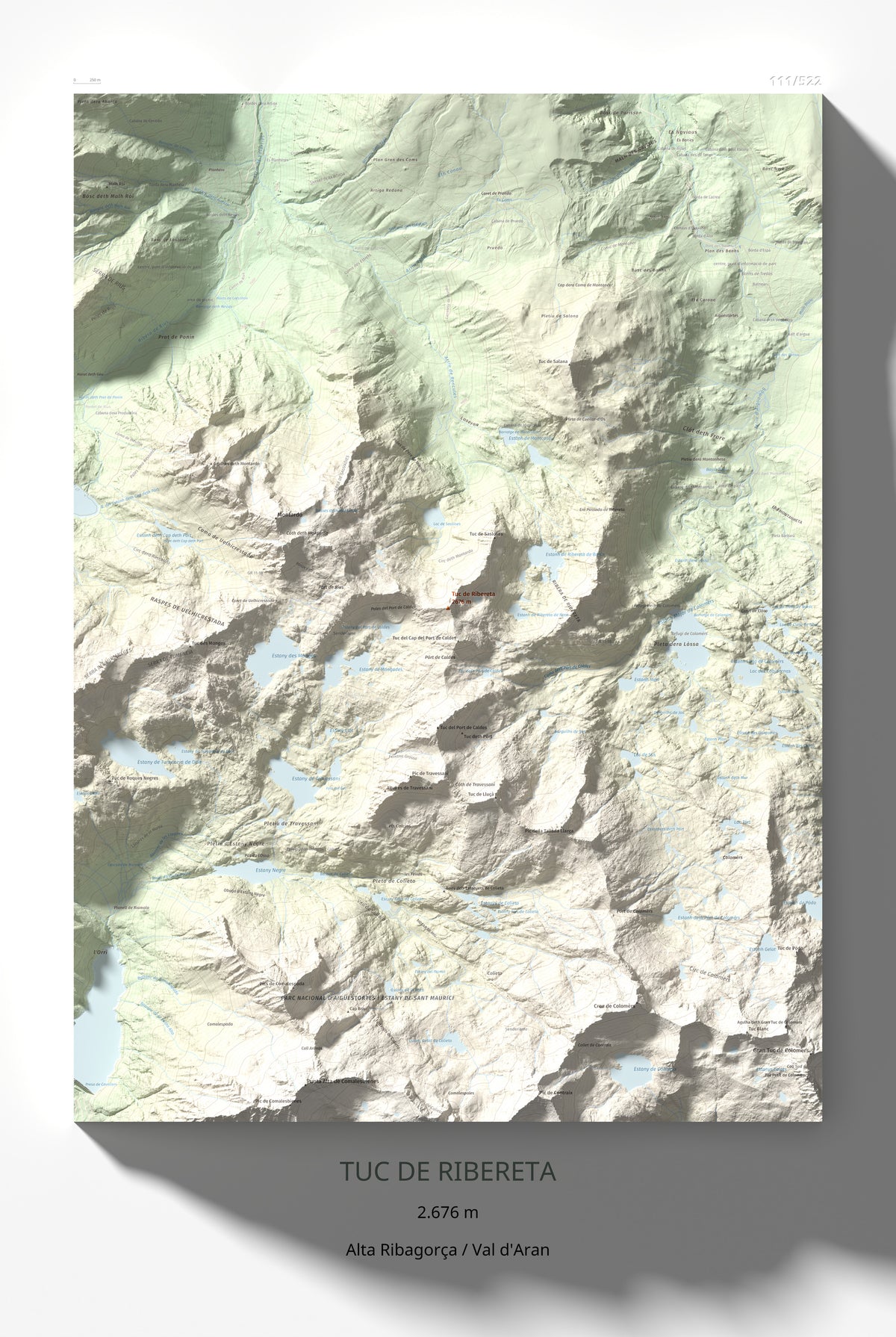 Mapa de relieve de Tuc de Ribereta, 2676 m, Alta Ribagorça · Val d'Aran, lámina 100 Cims de Trobart 61 × 91 cm.