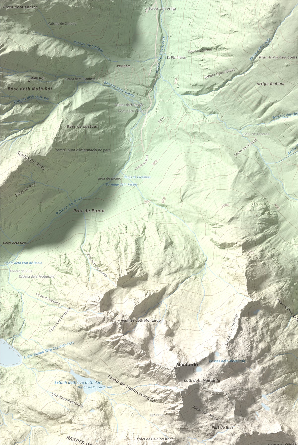 Mapa de relieve de Tuc de Ribereta, 2676 m, Alta Ribagorça · Val d'Aran, lámina 100 Cims de Trobart. Detalle de la zona superior izquierda. 61 × 91 cm.