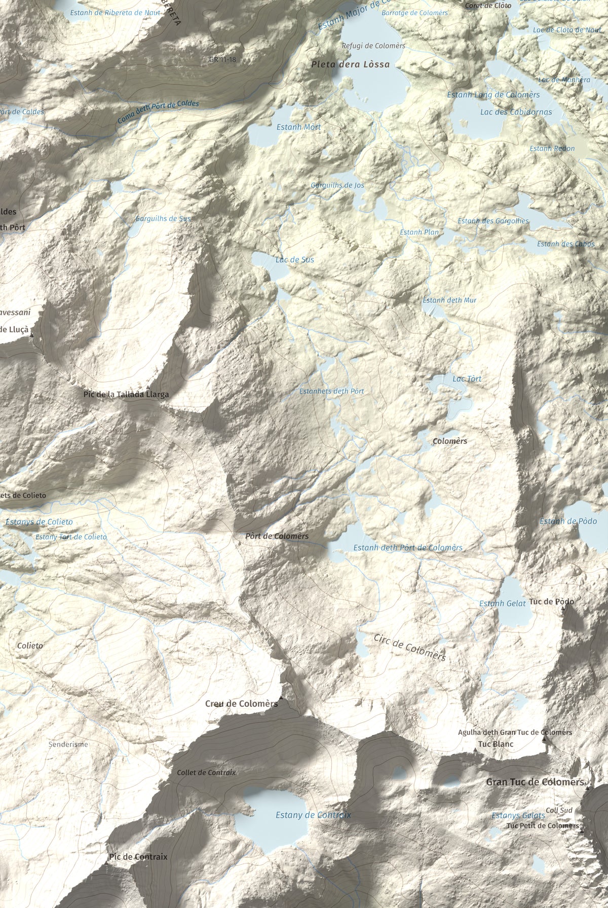 Mapa de relieve de Tuc de Ribereta, 2676 m, Alta Ribagorça · Val d'Aran, lámina 100 Cims de Trobart. Detalle de la zona inferior derecha. 61 × 91 cm.