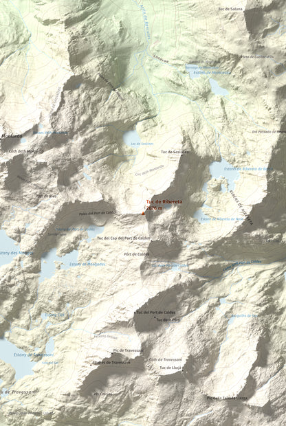 Mapa de relieve de Tuc de Ribereta, 2676 m, Alta Ribagorça · Val d'Aran, lámina 100 Cims de Trobart. Detalle de la zona central. 61 × 91 cm.