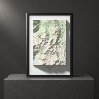 Mapa de relieve de Tuc de Ribereta, 2676 m, Alta Ribagorça · Val d'Aran, lámina 100 Cims de Trobart. Presentación enmarcada. 70 × 100 cm.