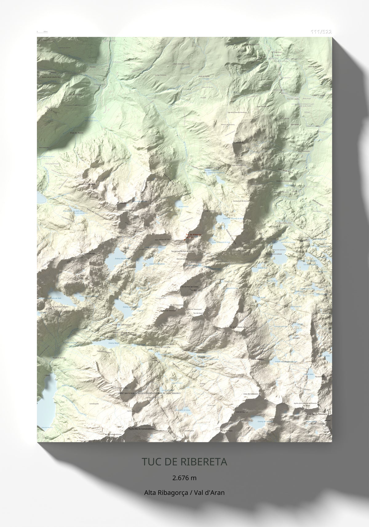 Mapa de relieve de Tuc de Ribereta, 2676 m, Alta Ribagorça · Val d'Aran, lámina 100 Cims de Trobart 70 × 100 cm.