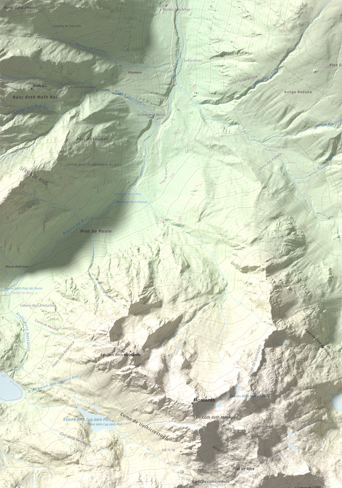 Mapa de relieve de Tuc de Ribereta, 2676 m, Alta Ribagorça · Val d'Aran, lámina 100 Cims de Trobart. Detalle de la zona superior izquierda. 70 × 100 cm.