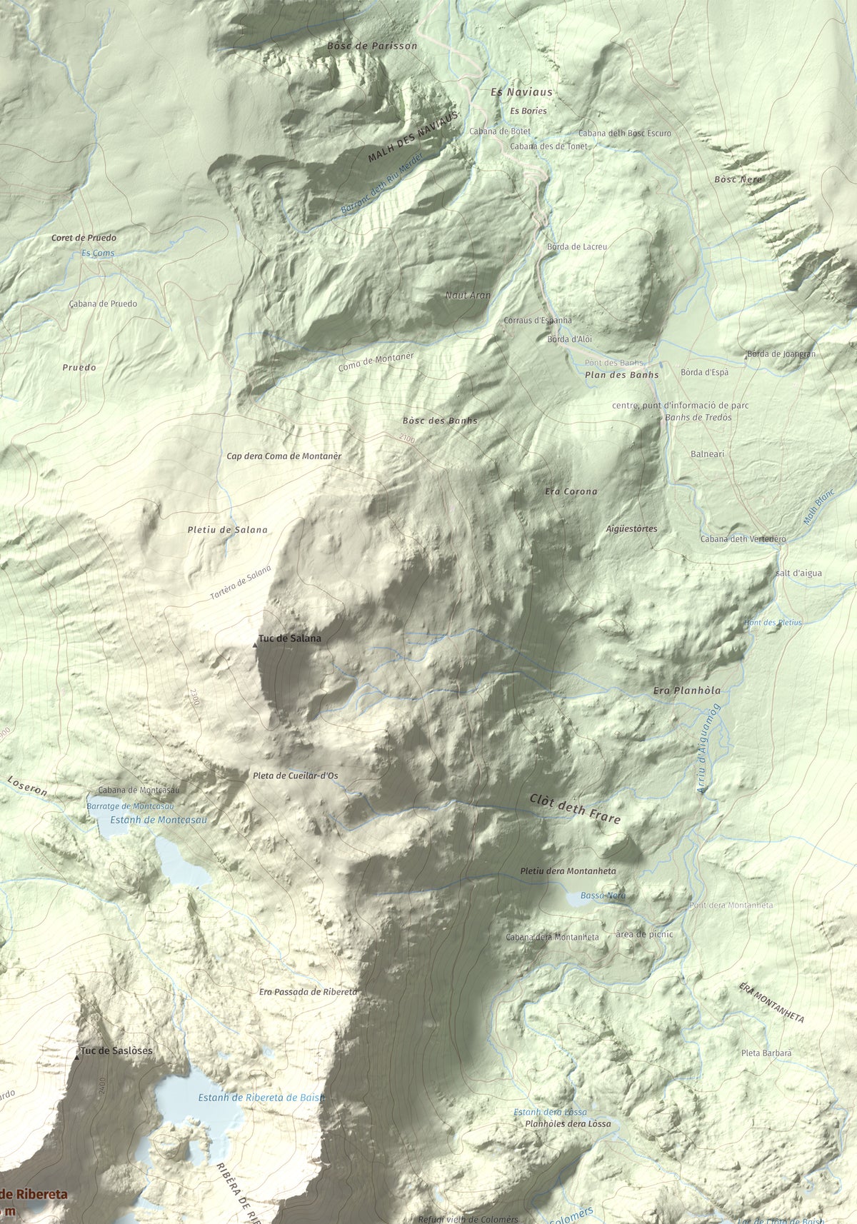 Mapa de relieve de Tuc de Ribereta, 2676 m, Alta Ribagorça · Val d'Aran, lámina 100 Cims de Trobart. Detalle de la zona superior derecha. 70 × 100 cm.