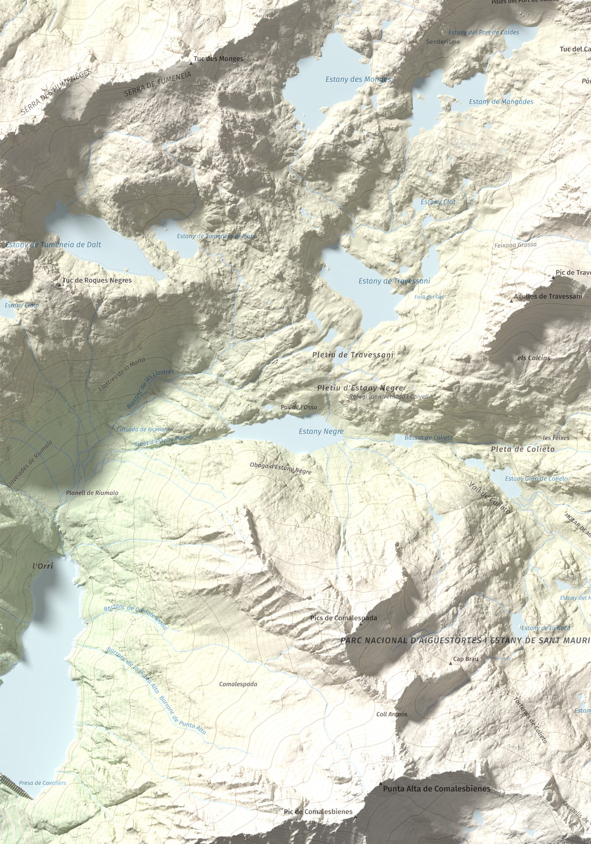Mapa de relieve de Tuc de Ribereta, 2676 m, Alta Ribagorça · Val d'Aran, lámina 100 Cims de Trobart. Detalle de la zona inferior izquierda. 70 × 100 cm.