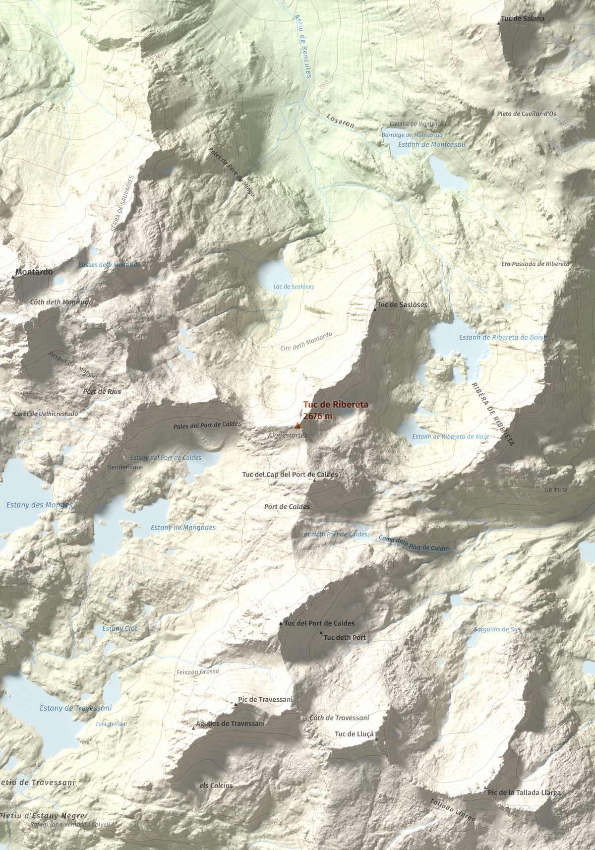 Mapa de relieve de Tuc de Ribereta, 2676 m, Alta Ribagorça · Val d'Aran, lámina 100 Cims de Trobart. Detalle de la zona central. 70 × 100 cm.