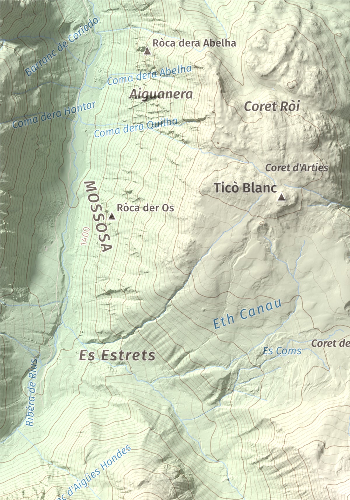 Mapa de relieve de Tuc de Salana, 2485 m, Val d'Aran, lámina 100 Cims de Trobart. Detalle de la zona superior izquierda. 21 × 30 cm.