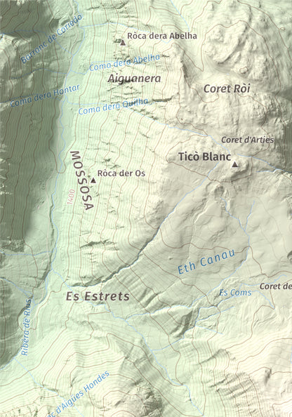 Mapa de relieve de Tuc de Salana, 2485 m, Val d'Aran, lámina 100 Cims de Trobart. Detalle de la zona superior izquierda. 21 × 30 cm.