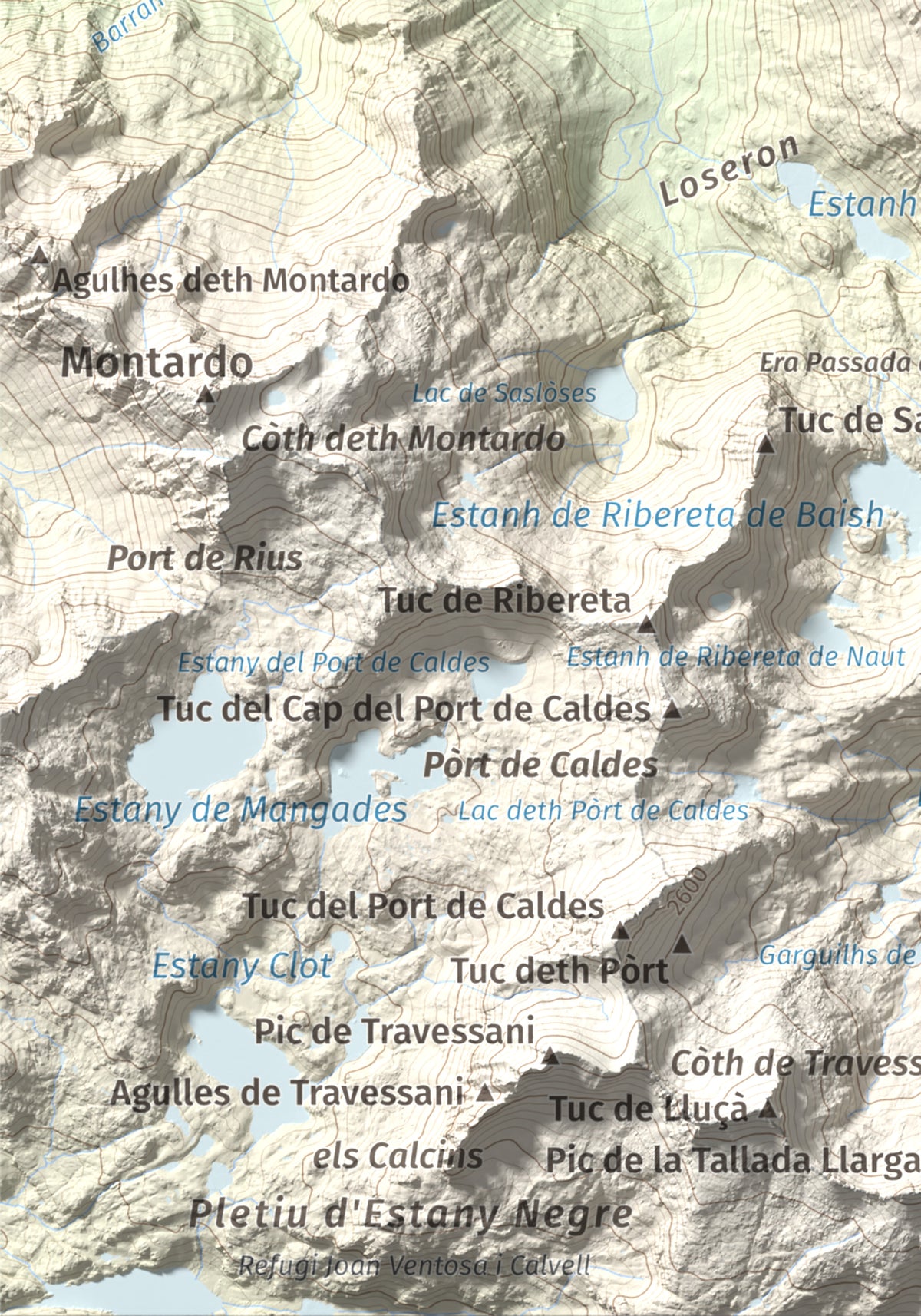 Mapa de relieve de Tuc de Salana, 2485 m, Val d'Aran, lámina 100 Cims de Trobart. Detalle de la zona inferior izquierda. 21 × 30 cm.