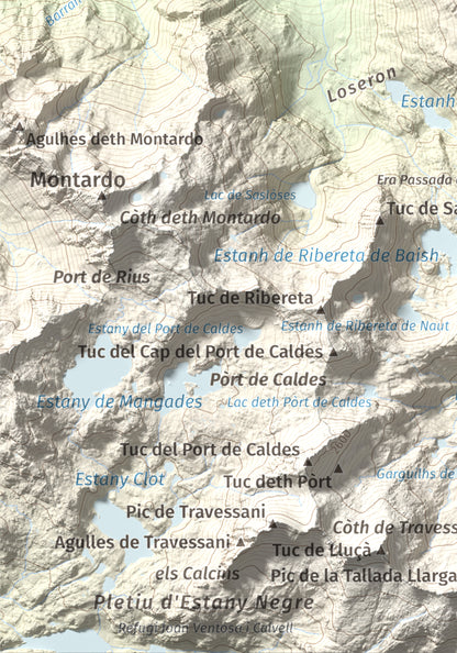 Mapa de relieve de Tuc de Salana, 2485 m, Val d'Aran, lámina 100 Cims de Trobart. Detalle de la zona inferior izquierda. 21 × 30 cm.
