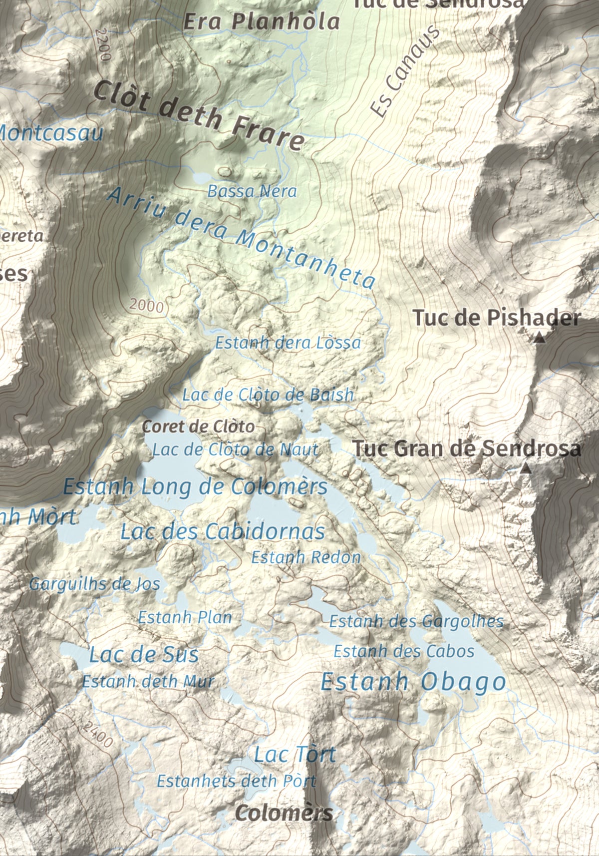 Mapa de relieve de Tuc de Salana, 2485 m, Val d'Aran, lámina 100 Cims de Trobart. Detalle de la zona inferior derecha. 21 × 30 cm.