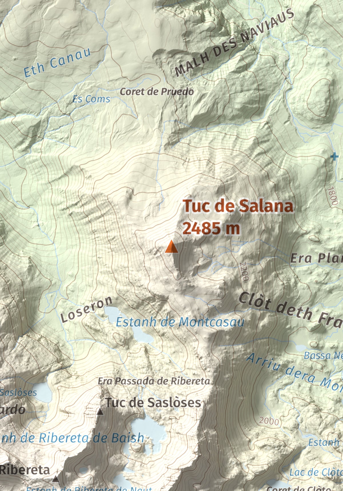 Mapa de relieve de Tuc de Salana, 2485 m, Val d'Aran, lámina 100 Cims de Trobart. Detalle de la zona central. 21 × 30 cm.