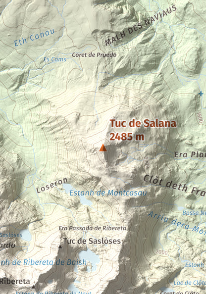 Mapa de relieve de Tuc de Salana, 2485 m, Val d'Aran, lámina 100 Cims de Trobart. Detalle de la zona central. 21 × 30 cm.