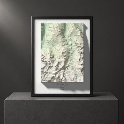 Mapa de relieve de Tuc de Salana, 2485 m, Val d'Aran, lámina 100 Cims de Trobart. Presentación enmarcada. 30 × 40 cm.