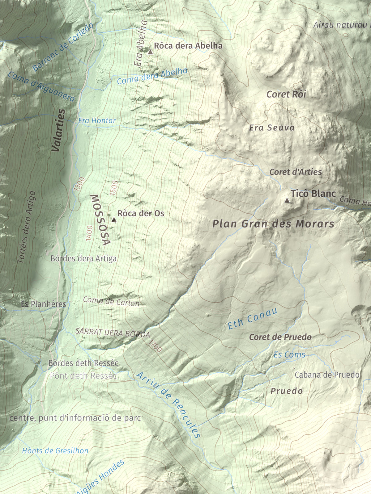 Mapa de relieve de Tuc de Salana, 2485 m, Val d'Aran, lámina 100 Cims de Trobart. Detalle de la zona superior izquierda. 30 × 40 cm.