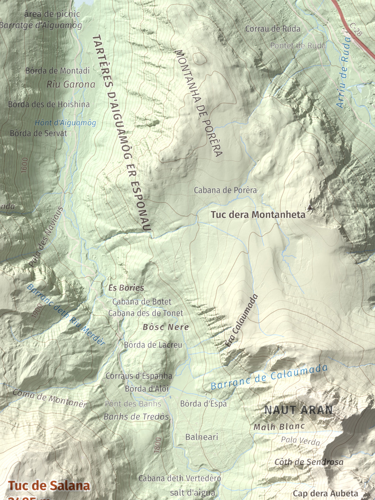 Mapa de relieve de Tuc de Salana, 2485 m, Val d'Aran, lámina 100 Cims de Trobart. Detalle de la zona superior derecha. 30 × 40 cm.