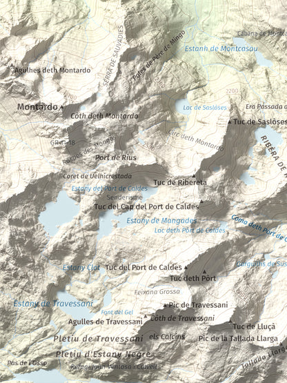 Mapa de relieve de Tuc de Salana, 2485 m, Val d'Aran, lámina 100 Cims de Trobart. Detalle de la zona inferior izquierda. 30 × 40 cm.