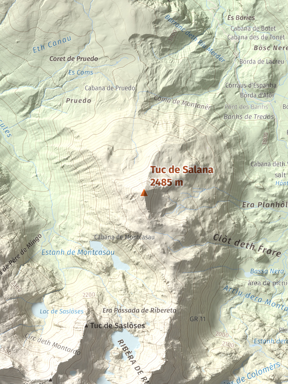 Mapa de relieve de Tuc de Salana, 2485 m, Val d'Aran, lámina 100 Cims de Trobart. Detalle de la zona central. 30 × 40 cm.