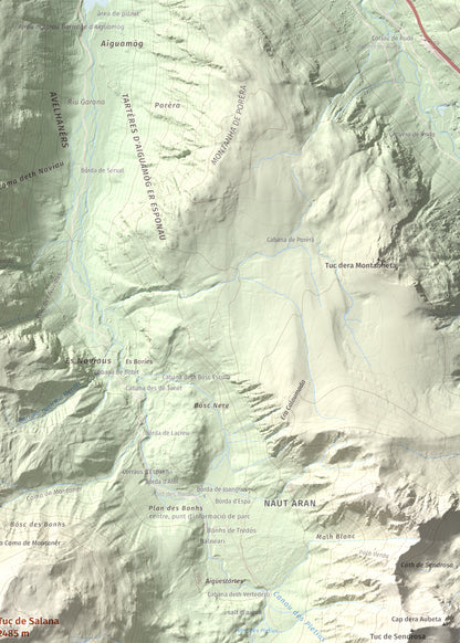 Mapa de relieve de Tuc de Salana, 2485 m, Val d'Aran, lámina 100 Cims de Trobart. Detalle de la zona superior derecha. 50 × 70 cm.
