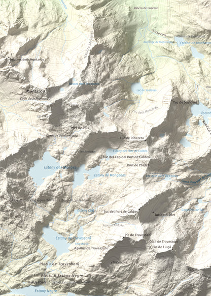 Mapa de relieve de Tuc de Salana, 2485 m, Val d'Aran, lámina 100 Cims de Trobart. Detalle de la zona inferior izquierda. 50 × 70 cm.