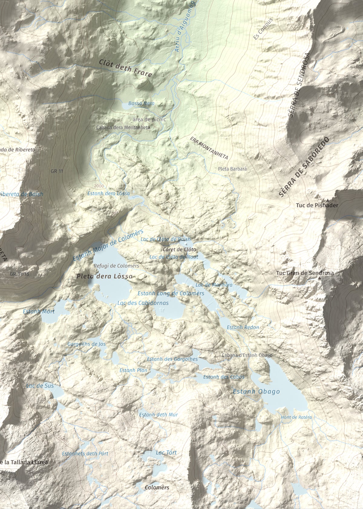 Mapa de relieve de Tuc de Salana, 2485 m, Val d'Aran, lámina 100 Cims de Trobart. Detalle de la zona inferior derecha. 50 × 70 cm.
