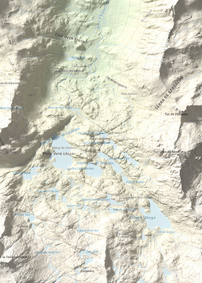 Mapa de relieve de Tuc de Salana, 2485 m, Val d'Aran, lámina 100 Cims de Trobart. Detalle de la zona inferior derecha. 50 × 70 cm.