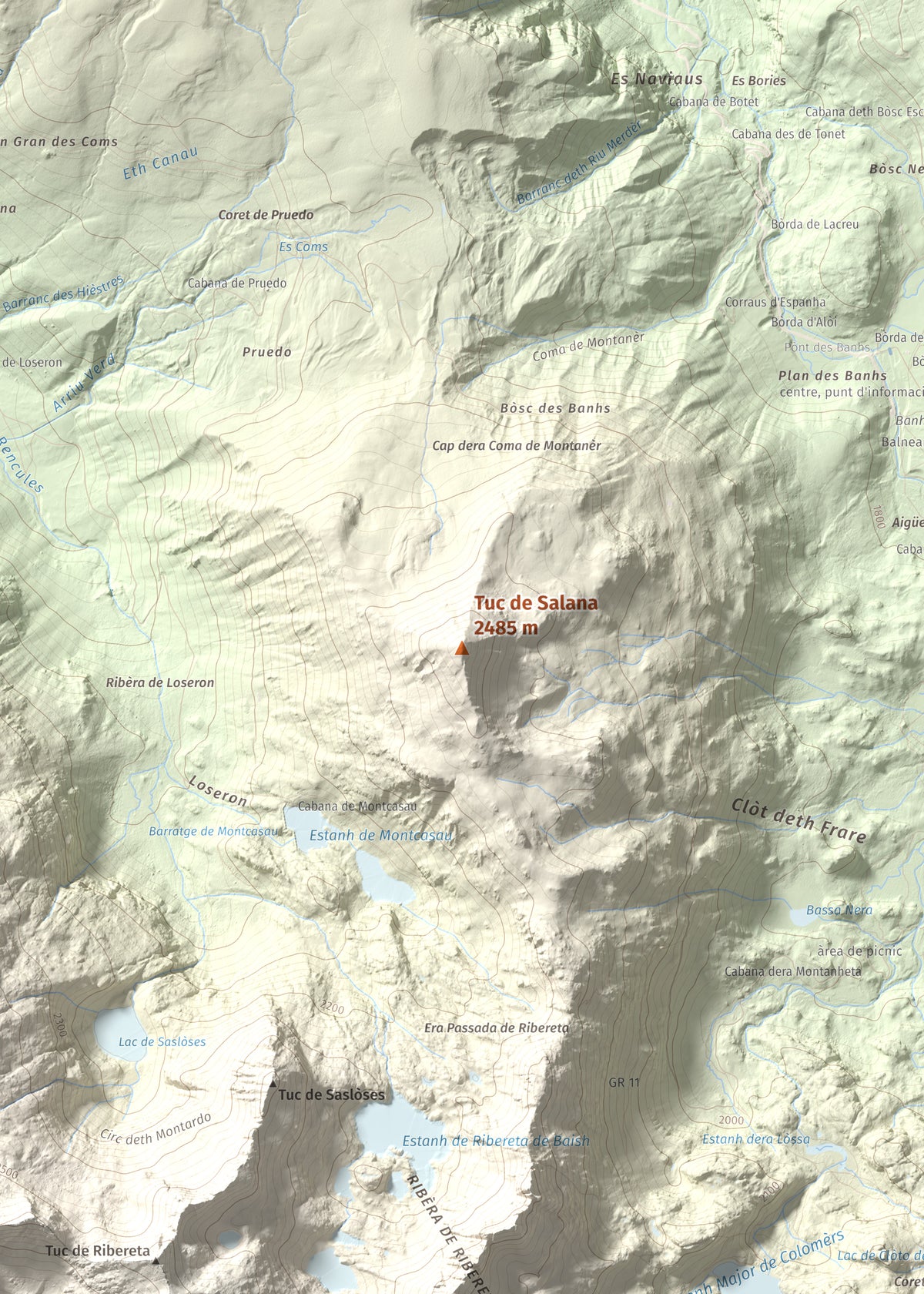 Mapa de relieve de Tuc de Salana, 2485 m, Val d'Aran, lámina 100 Cims de Trobart. Detalle de la zona central. 50 × 70 cm.