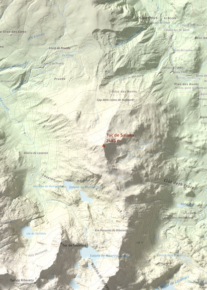 Mapa de relieve de Tuc de Salana, 2485 m, Val d'Aran, lámina 100 Cims de Trobart. Detalle de la zona central. 50 × 70 cm.