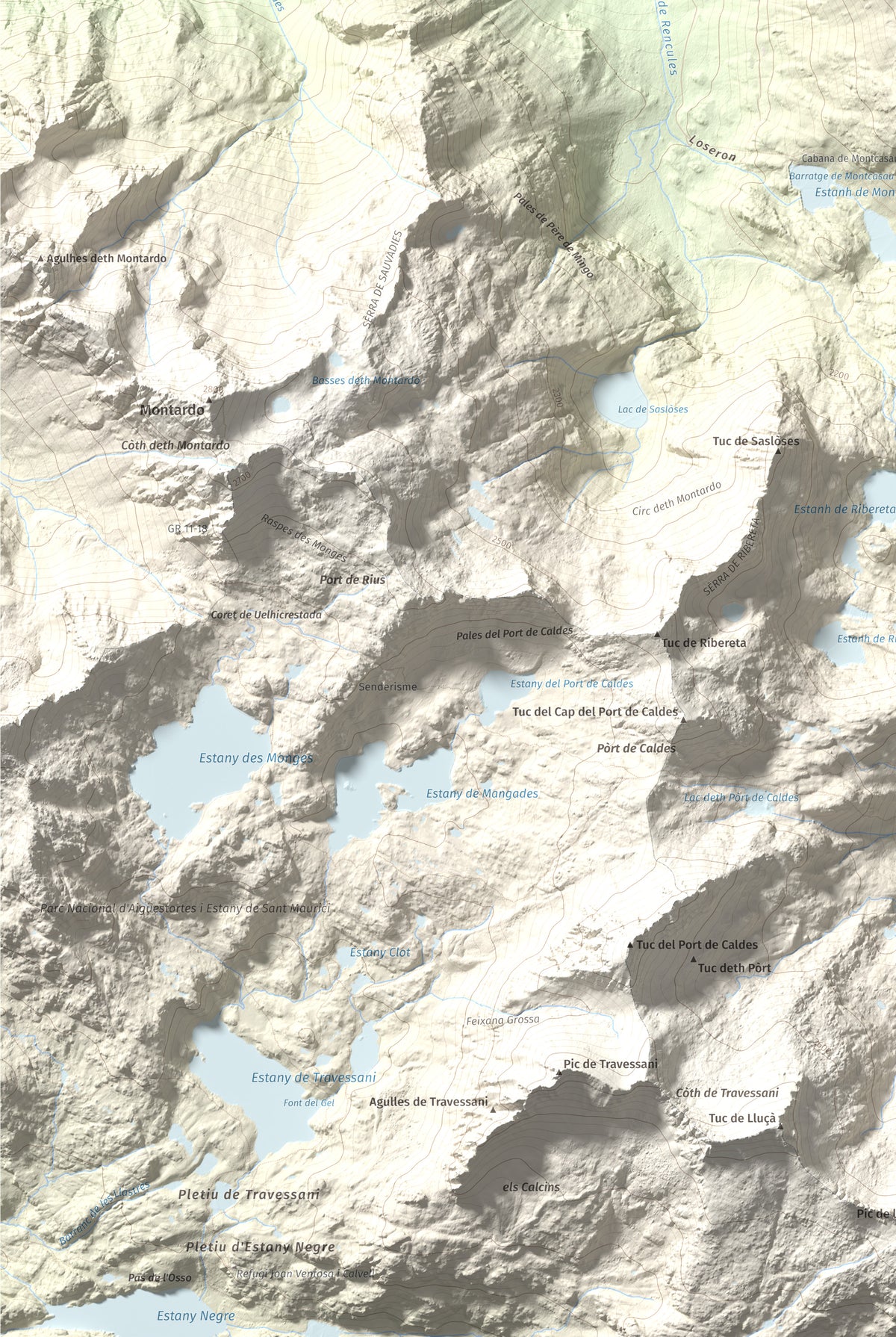 Mapa de relieve de Tuc de Salana, 2485 m, Val d'Aran, lámina 100 Cims de Trobart. Detalle de la zona inferior izquierda. 61 × 91 cm.